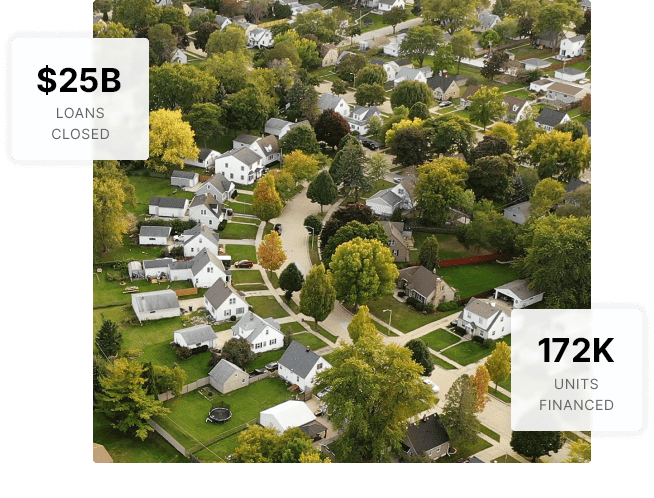 CoreVest loan milestones: $25B+ in loans closed and 172,000+ units financed, with a background of real estate investment properties.